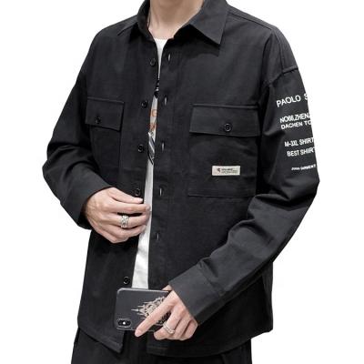 China Custom 100% Cotton Casual Black Anti-Pilling Double Pocket Cargo Long Sleeve Shirt For Men for sale