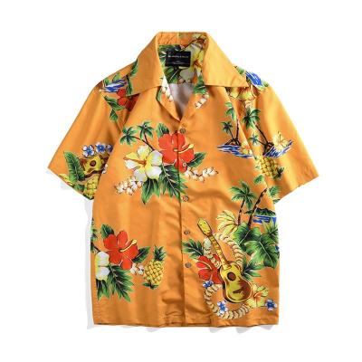 China Custom Flower Printed Casual Yellow Men's Anti-Pilling Beach Hawaiian Shirt for sale