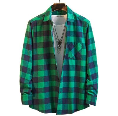 China New Designer Custom 100% Cotton Green Anti-pilling Woven Mens Plaid Flannel Shirts for sale