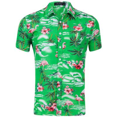 China Custom Green Printed Short Sleeve Mens Anti-Pilling Hawaiian Beach Shirt for sale