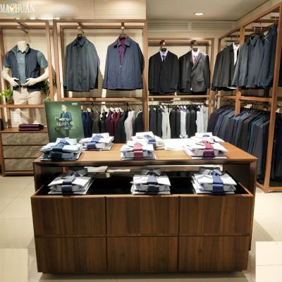 China Floor Standing Manufacturer Luxury Store Men Shirt Display Rack Clothing Store Metal Wooden Shelves Show Table Desk for sale