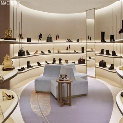 China Floor Standing OEM Fashion Shoe Store Fit High End Wooden Shoe Display And Bags Rack for sale