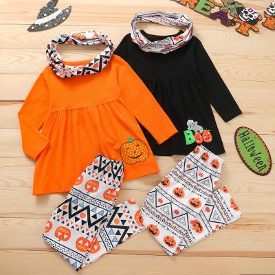 China NS043 Halloween Drop Kids Outfits Blouse Pants Casual Scarf 3 Piece Sets Girls Kids Dressing Sets for sale