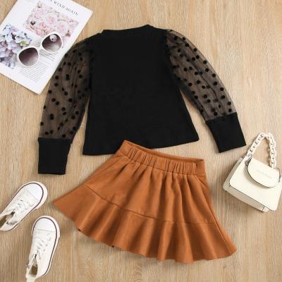 China NS033 Black Casual Mesh Tops + Brown Skirt Clothes For Kids Girls Mini Skirt Kids Dress Sets for sale