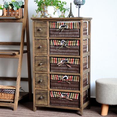 China Europe 5 Drawers Wicker Basket Bedroom Storage Dresser Chest Wood Cabinet Entry Table for sale