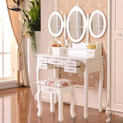 China Customized Color Makeup Table Dresser With Mirror Stools Vanity Set Vintage Dressing Table For Bedroom White for sale