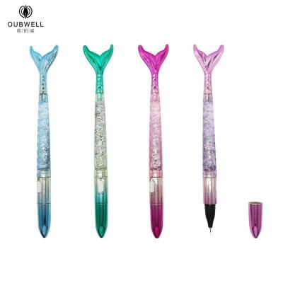 China Normal Fish Tail Light Pen Stationery Gift Rainbow Color Bling Glow Body Cartoon Mermaid Tail Thin Gel Pen With Floating Liquid for sale