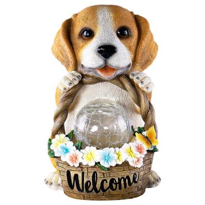 China China Customized Outdoor Solar Craft Garden Ornaments, Resin Basket and Puppy Figurines Light for sale