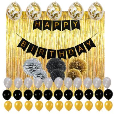 China Birthday black gold silver happy birthday banner with gold confetti balloons and pom pom for birthday decoration for sale