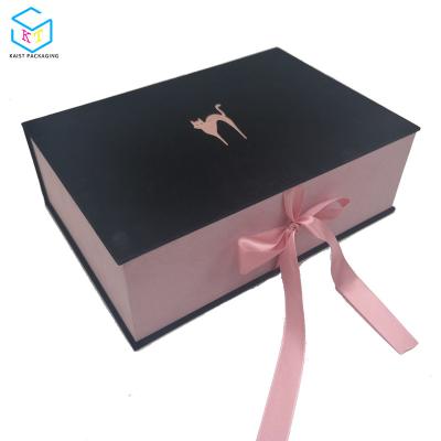 China Recyclable Custom Made Suede Garment Packaging Black Pink Gift Box With Ribbon Closure for sale