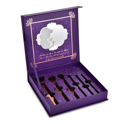 China Recyclable Custom Luxury Purple Flip Makeup Brush Set Magnetic Packaging Box With Engraving Sleeve for sale