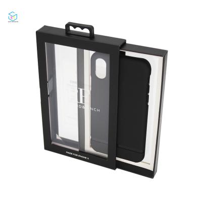 China Recyclable custom cell phone case packaging cover black drawer box with window for sale