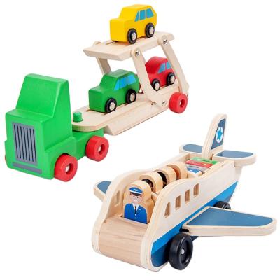 China Aircraft Wooden Model Design Children's Craft Toy Educational Double Decker Truck Wooden Vehicle Toy Set for sale