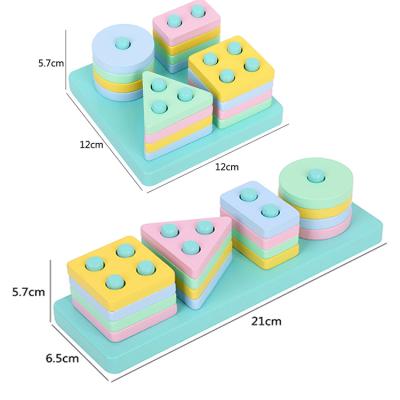 China DIY TOY Wholesale Kids Learning 4 Shape Geometric Classic Game Macaron Wooden Shape Stacking Blocks Matching Toy for sale