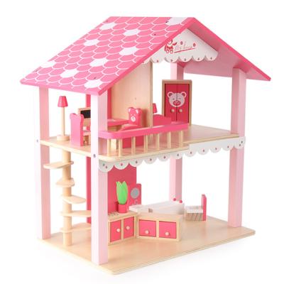 China Kids Toy New Design EN71-1-2-3 Pink Kids Wooden DIY Dollhouse Furniture For Pretend Play for sale