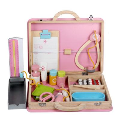 China Early educational doctor set simulation set house play toy medicine box pink wooden toy FIYLB014 for sale