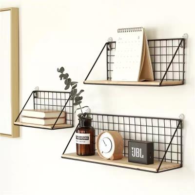 China Rustic Modern Wooden Wall Mounted Minimalist Floating Wall Metal Wire Display Home Decor Storage Shelves for sale