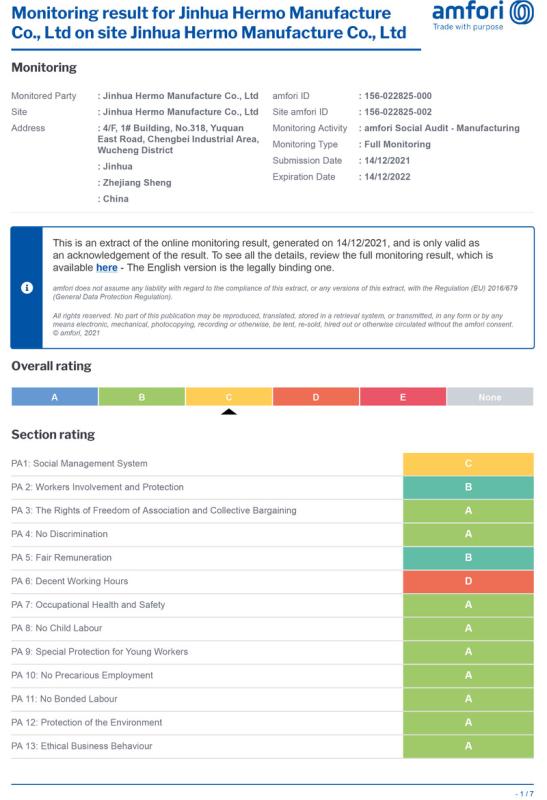 BSCI - Jinhua Hermo Manufacture Co., Ltd.