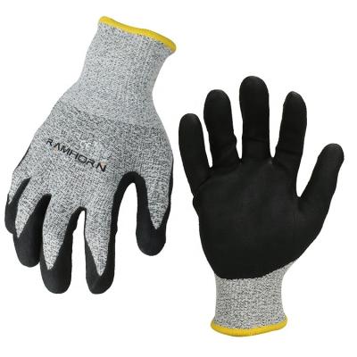 China Wear Resistant 13G HPPE+steel Cut Resistant Level A3 Grip For Environment Wet Or Dry Nitrile Coated Work Gloves for sale