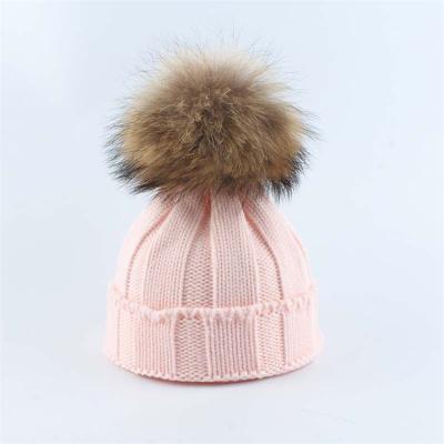 China JOINT Raccoon Fur Ball Beanie Hats Children's Pom Pom Knitted Hat Children Fur Boys and Girls Winter for sale