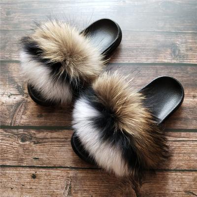 China 2021 Fashion New Design Durable Fluffy Fur Slippers Slides Real Fox/Women Raccoon Fur Slides for sale