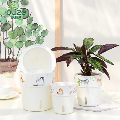 China Wholesale Modern Indoor Fashionable New Style Cute Home Hand Drawn Self Watering Plastic Lazy Flower Pot for sale