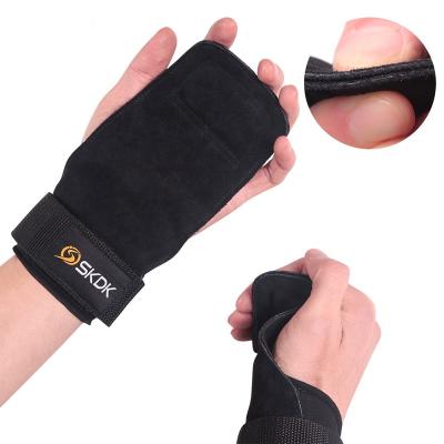 China Cowhide Leather Powerlifting Gloves Grips Three Holes Hand With Wrist Support Palm Protection for sale