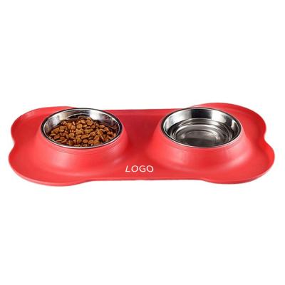 China 2021 New Design Non-slip Double Stainless Steel Pet Food Water Bowl Viable With Silicone Mat for sale