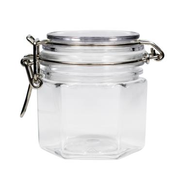 China Empty Hexagon 300ml 10oz Food PET Plastic Clip Top Leakproof Airtight Kilner Storage Jar for sale