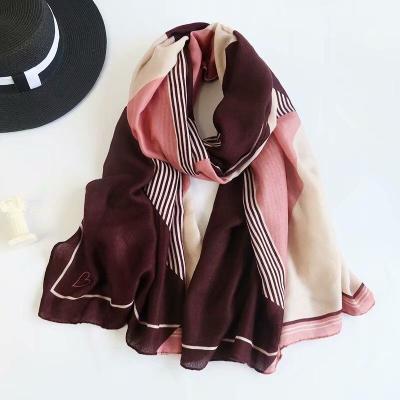 China Universal Shawl Polyester Cotton Scarf 2021 New New Cotton Viscous Women Geometric Print Stripe Muslim Design for sale