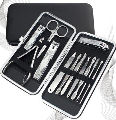 China Durable Private Label Black 12pcs Manicure Trimmer Ear Pick Grooming Kit Portable Nail Clippers and Pedicure Set OEM Nail Art Cutter for sale