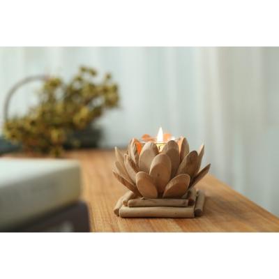 China Hand Nailed Retro Lotus Shape Glass Candle Holder Sales Wooden Candlestick Hot Handmade Creative Living Room Decorations for sale