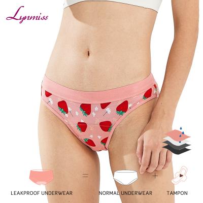 China LYNMISS Teens Period Strawberry Printing Panties Organic Cotton Menstrual Antibacterial Cute Menstrual Panties Leakproof Underwear For Girls for sale