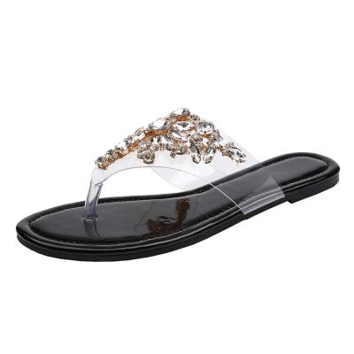 China New design women lightweight tpu faux stone slides low heel up sandals fashion lady clear crystal slippers for sale