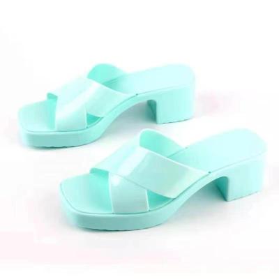 China Custom Lightweight PVC Women's Unique Rubber Square Heels Slide Sandals Shoes For Ladies for sale