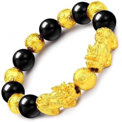 China Punk Men Women Real Gold Plated Buddha Beads Bracelet Lucky Money Feng Shui Pixiu Mani Mantra Black Obsidian Wealth Black Bracelet for sale