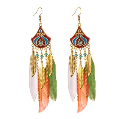 China TRENDY Crochet Earrings Alloy Round Pendant With Beads Feather Ethnic Style Bohemian Jewelry For Women C2132 for sale