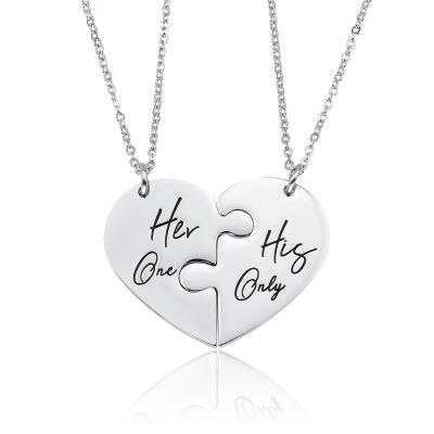 China TRENDY High Polish Matching Her Her Only Engraved Charm Pendant Necklace Two Halves Paired Lovers Heart Puzzle Clavicle Chains for sale