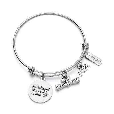 China CLASSIC Stainless Steel She Believed She Could Class Of 2022 Expanding Charm Bracelet Wire Bangle Graduation Jewelry Gifts for sale