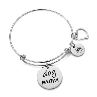 China CLASSIC Stainless Steel Wire Bulk Bracelet Engraved Dog Mom Paw Print Heart Charm Bangle Bracelet for Gift Dog Lover for sale