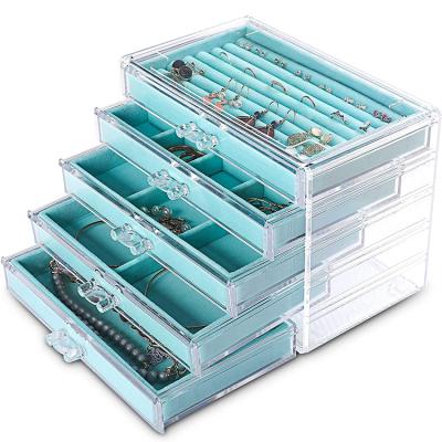 China Viable Hot Sale Luxury Jewelry Case 5 Layers Blue Acrylic Jewelry Storage Box For Rings Necklace Display for sale