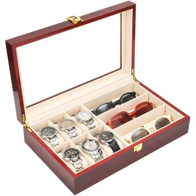 China Viable Luxury Mahogany Wood Grain 6 Slots Wooden Watch Box with 3 Sunglasses Holders for Display for sale