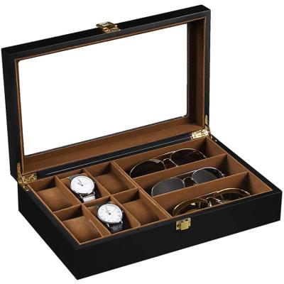 China Viable OEM/ODM custom logo lacquer 3 watch slots and 3 storage glasses for watch glasses storage box for sale