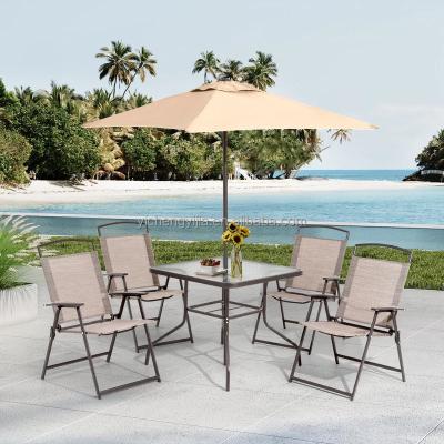 China 6 Pieces Portable Outdoor Garden Cafe Steel Patio Folding Dining Teslin Furniture Set With Umbrella Sunshade for sale