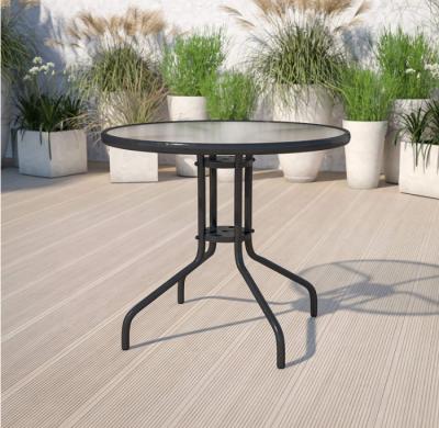 China Portable Round Bistro Table With Tempered Glass Table Top Steel Frame And Umbrella Hole Outdoor Conversation Coffee Table for sale