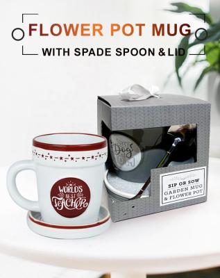 China Viable Ceramic Mug With Spoon Flowerpot Coffee Mug Logo Stoneware 20oz DECALS MUG Customized for sale