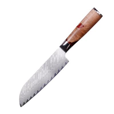 China Viable Supply VG-10 Damascus Burl And Resin Stabilized Factory Handle 7 Inch Chef Knives Santoku Knife for sale