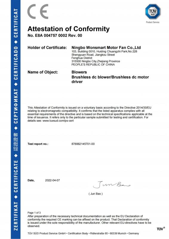 Certification Testing-Product Certificate - Ningbo Wonsmart Motor Fan Co.,Ltd