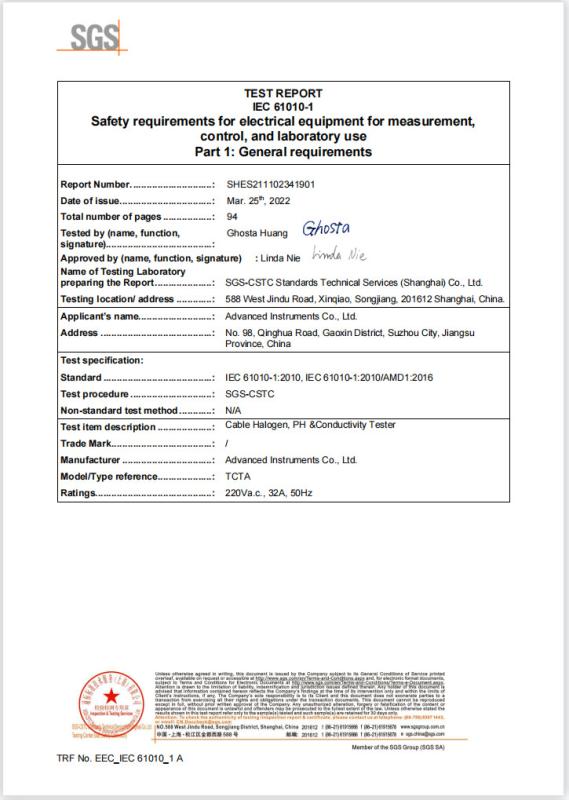 LVD Test report IEC 61010-1 - Advanced Instruments Co.,Ltd