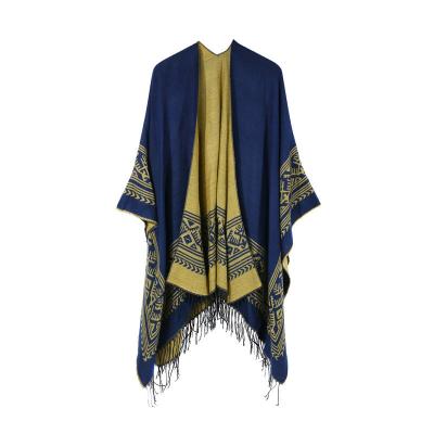 China Wool Woman Poncho Knit Wrap Fashion Winter Jacquard Wool Cashmere Poncho Scarf For Ladies for sale